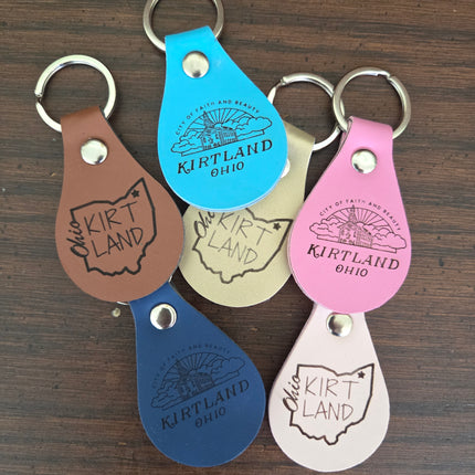 Handmade leather keychain with Kirtland heritage design