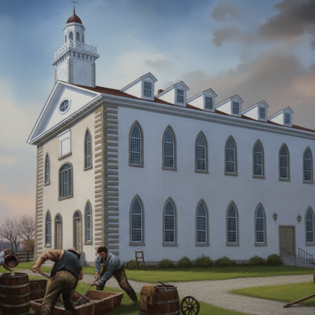 Historical scene with a large white building, people, and a cart on a grassy area.