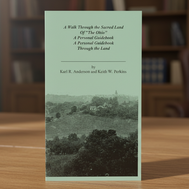 Book cover of 'A Walk Through the Sacred Land' on a wooden surface with a blurred bookshelf background